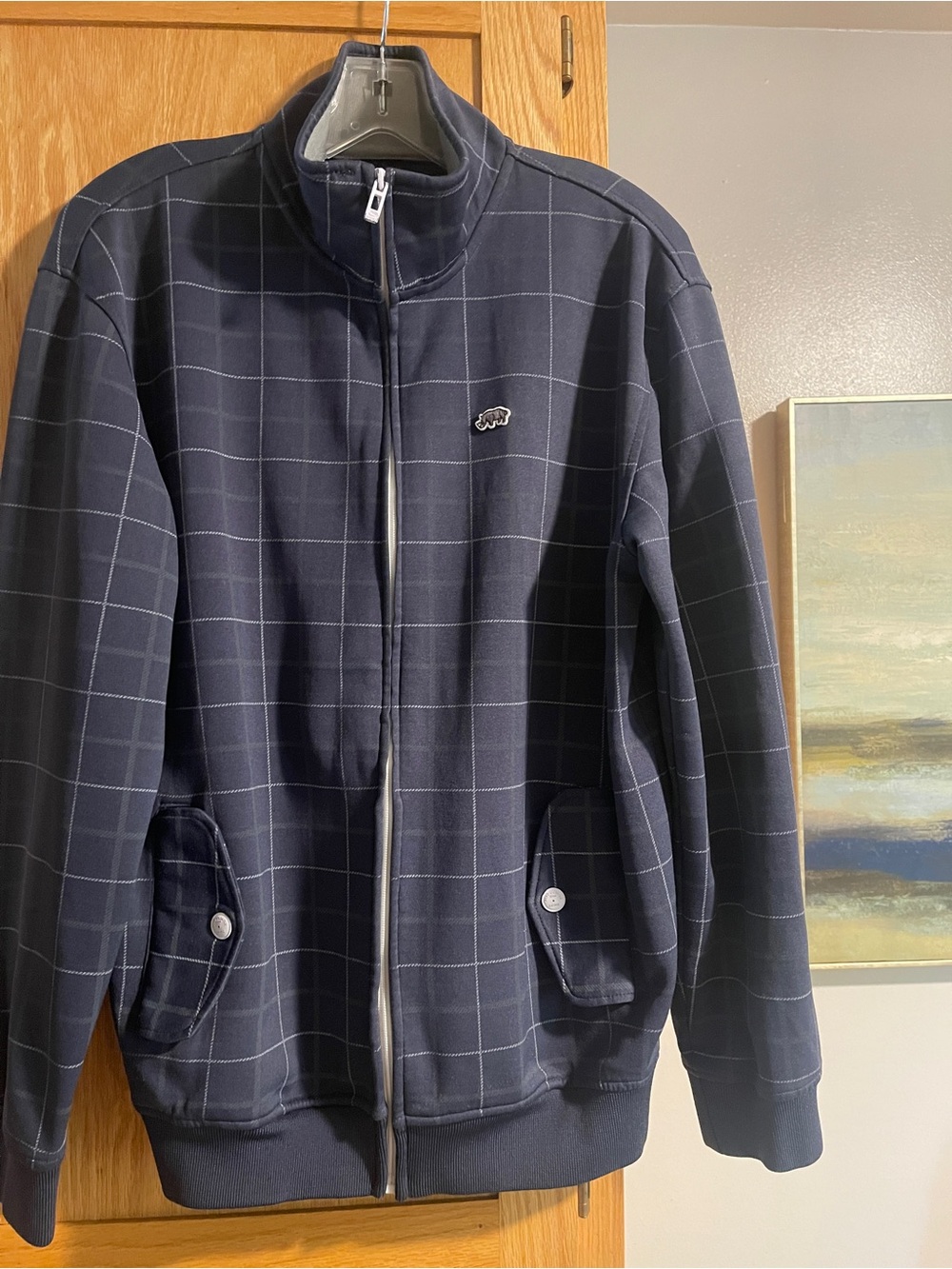 Y2K Ecko Unlimited Men's Navy Windowpane Zip-Up Jacket with Gray Trim